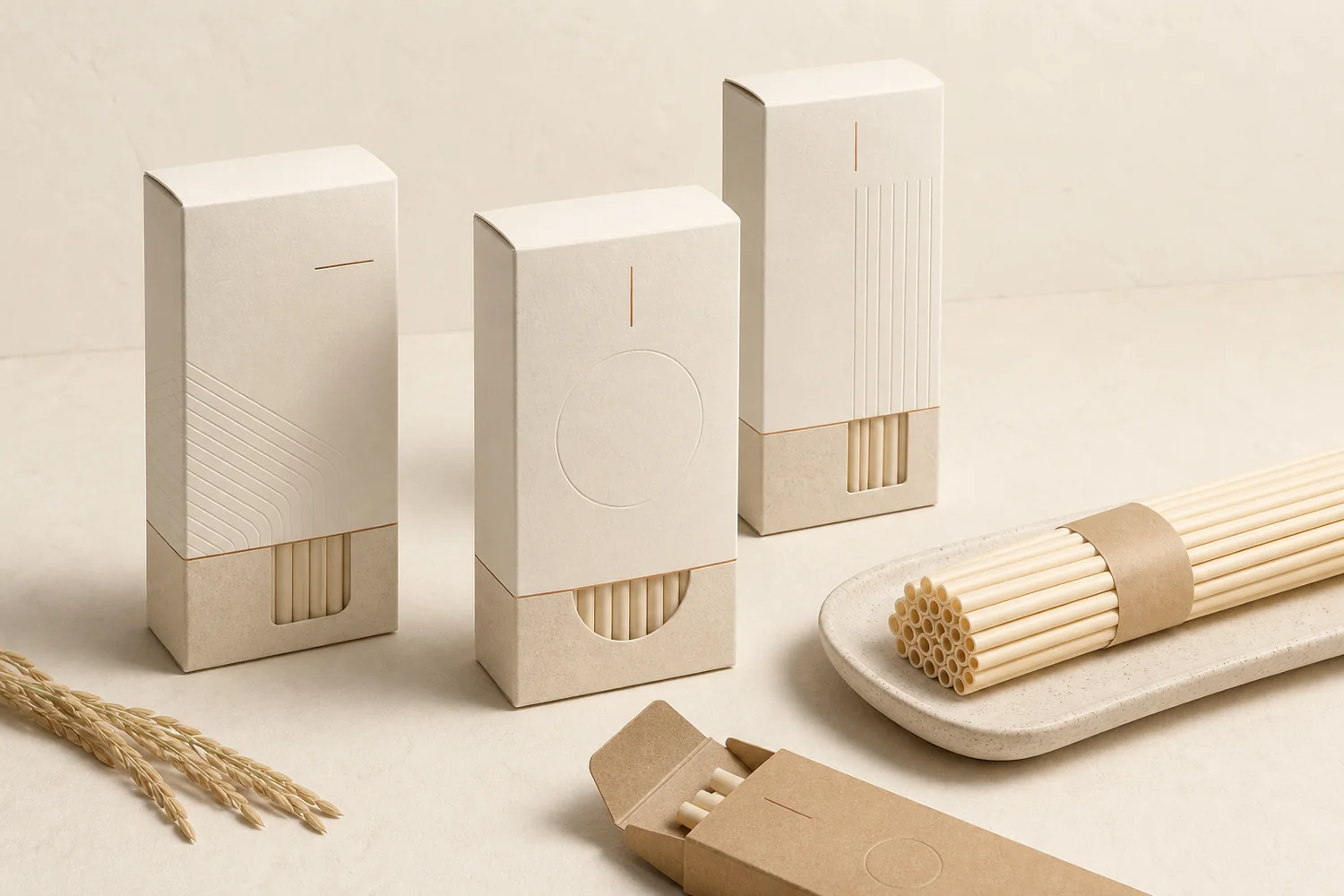 Minimal ivory rice straw packaging and a bundle of natural straws